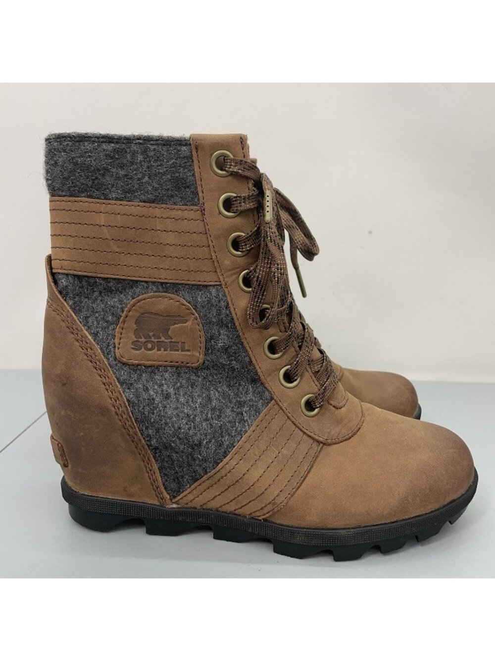 Sorel Lexie Ankle Wedge Boots Waterproof Distressed Felt Leather Brown Women 8.5